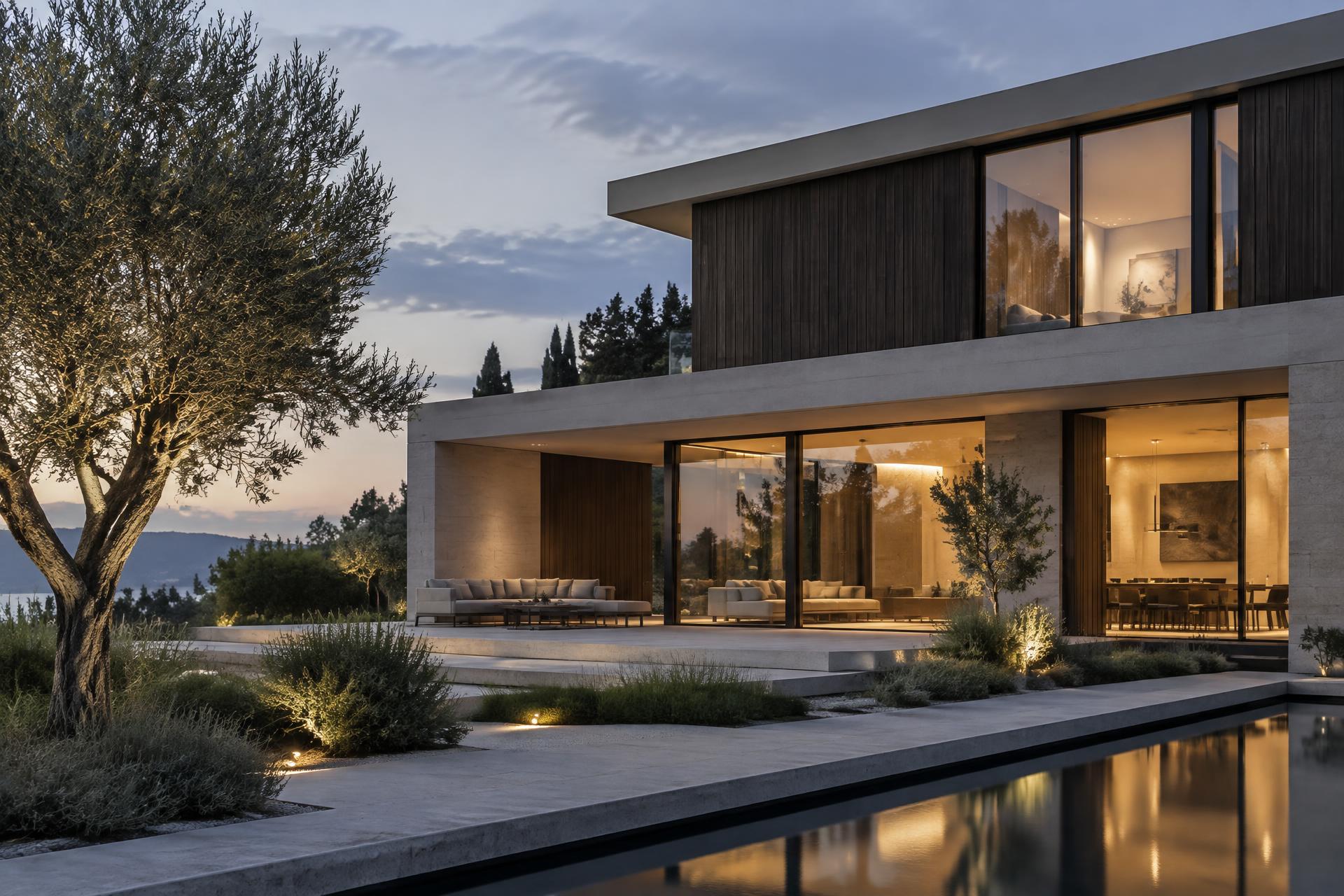 Moderne Villa mit großen Fensterflächen in der Abenddämmerung
